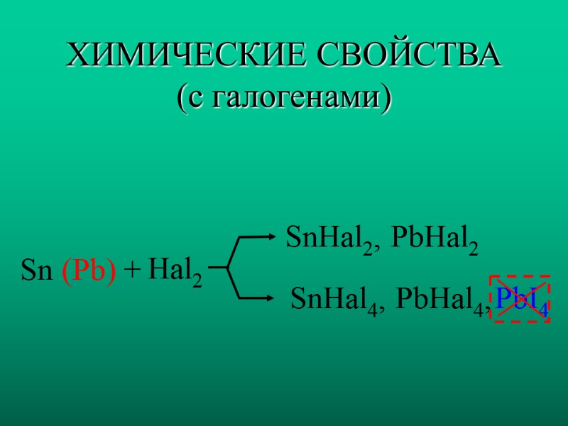 ХИМИЧЕСКИЕ СВОЙСТВА (с галогенами) Sn (Pb) +  Hal2  SnHal2, PbHal2  SnHal4,